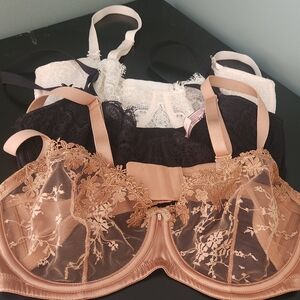 34DD Lace Bra Set - Black, White, and Tan